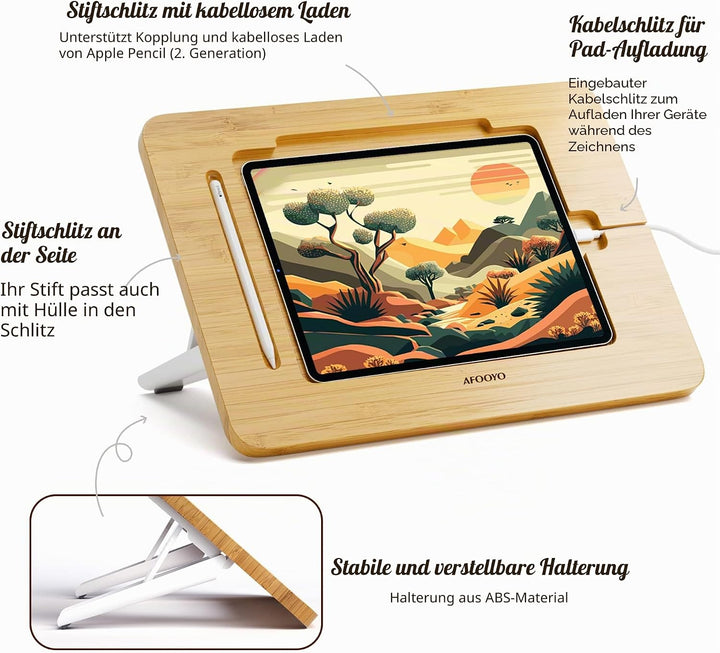 AFOOYO Bambus Tablet Zeichenständer - Tragbar & Verstellbar 5 Winkel Laptop Ständer Erhöhung Buch Le