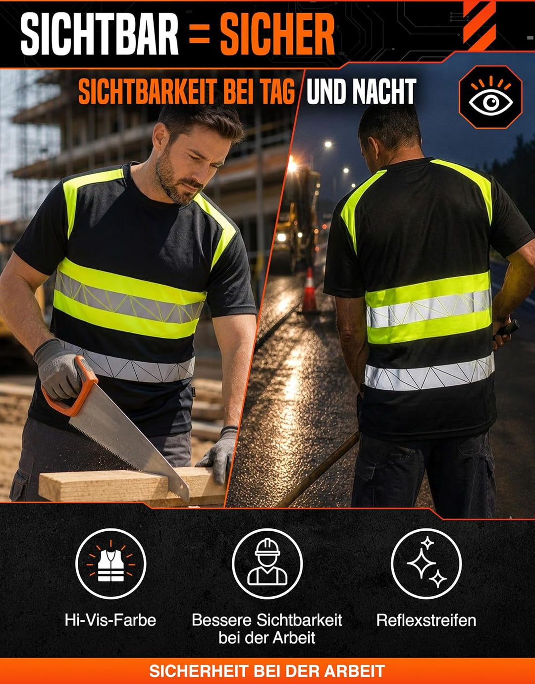 Warnschutz T-Shirt - Atmungsaktiv mit Reflexstreifen und Baumwolle - Warn Tshirt M Schwarz Neongelb,