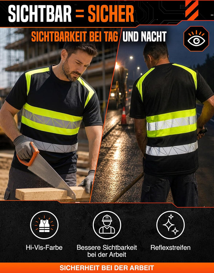 Warnschutz T-Shirt - Atmungsaktiv mit Reflexstreifen und Baumwolle - Warn Tshirt M Schwarz Neongelb,