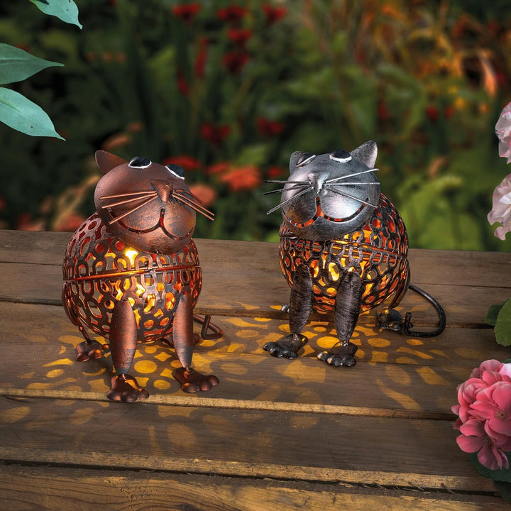 Esotec Solar Gartenfiguren Katzenpaar, Silber und kupferfarben, Metall, Akku, Solarmodul, Balkondeko