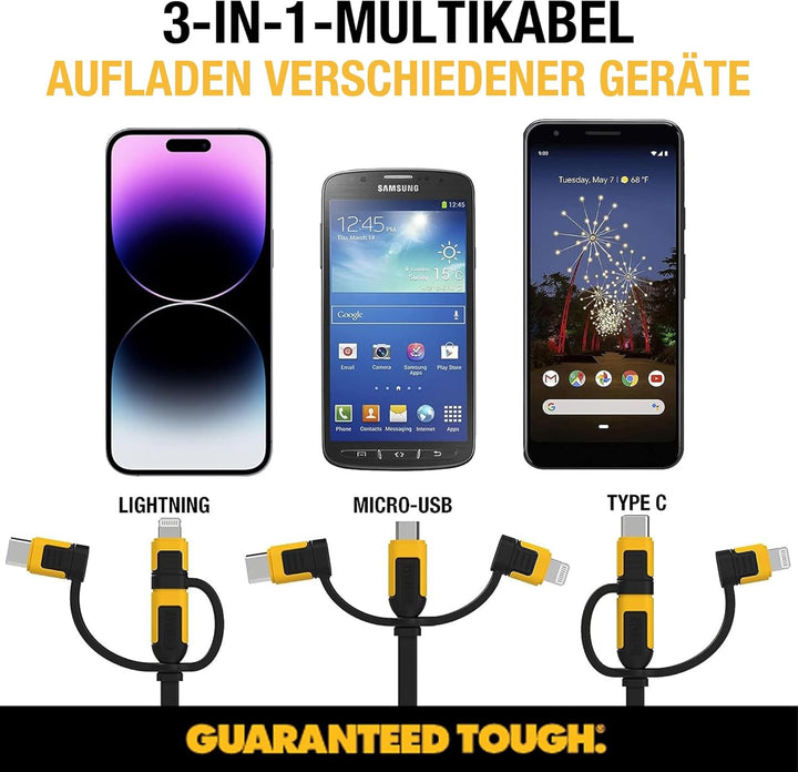 DEWALT 3-in-1 einziehbares Kabel - Multi-Ladekabel - Lightning, Typ C, Micro-USB-Kabel - Ladekabel f