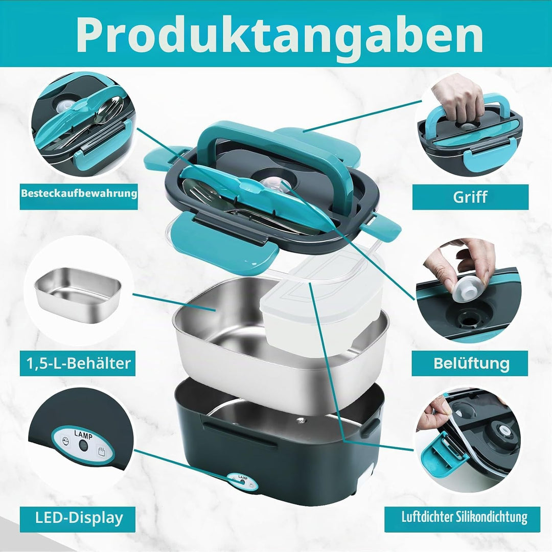 Elektrische Lunchbox 4 in 1 12V/24V/220V~240V, 1.5L 60W Lunch Box Elektrisch Edelstahl Speisenwärmer