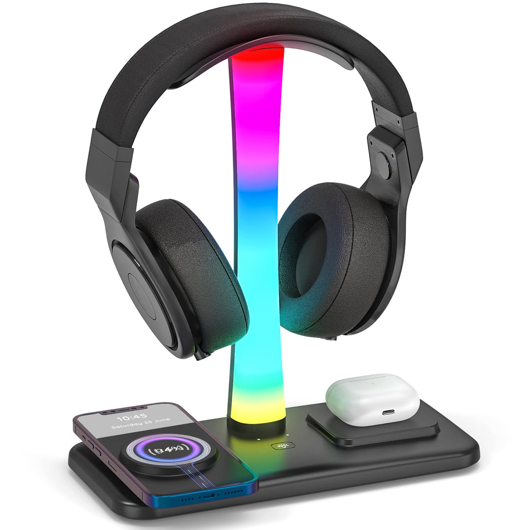 3 in 1 RGB Gamning Kopfhörer Ständer, Headset Halterung mit 15W Wireless Ladegerät, Gaming Kopfhörer