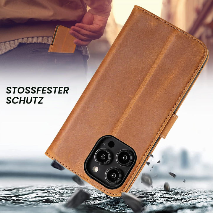 LENSUN Echtleder Hülle für iPhone 14 Pro Max, Handyhülle [Echtes Leder][Magnetverschluss][RFID Schut