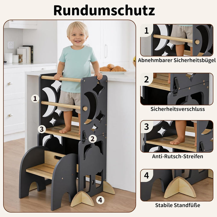 COSYLAND Lernturm ab 1 Jahr, klappbar – 4in1 Lernturm Kinder mit Doppeltafel, Stehhilfe & Schreibtis