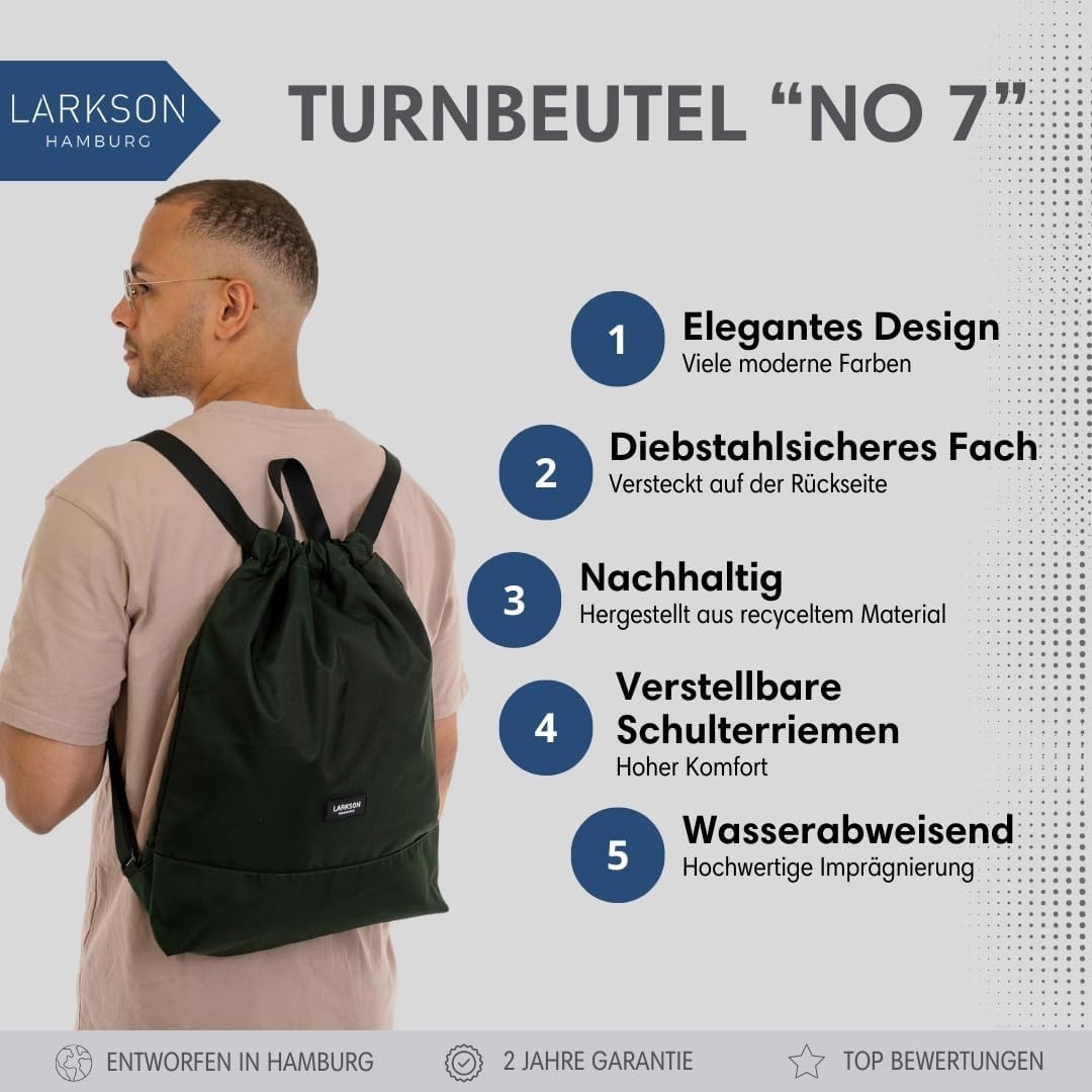 LARKSON Turnbeutel Damen &amp; Herren Dunkelgrün - No 7 - Rucksack Damen für Sport und Festival - Beutel