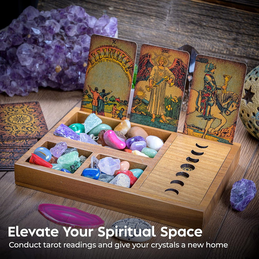 Curawood Tarotkartenhalter Box für immersive Lesungen – 3 Tarotkartenständer & Kristallhalter – Mond