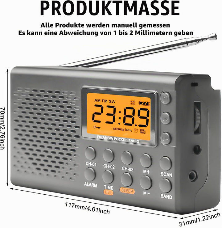 Tragbares Radio, AM,FM,SW Kofferradio mit LCD-Display, Batteriebetrieb, Eingebautem Lautsprecher Ala