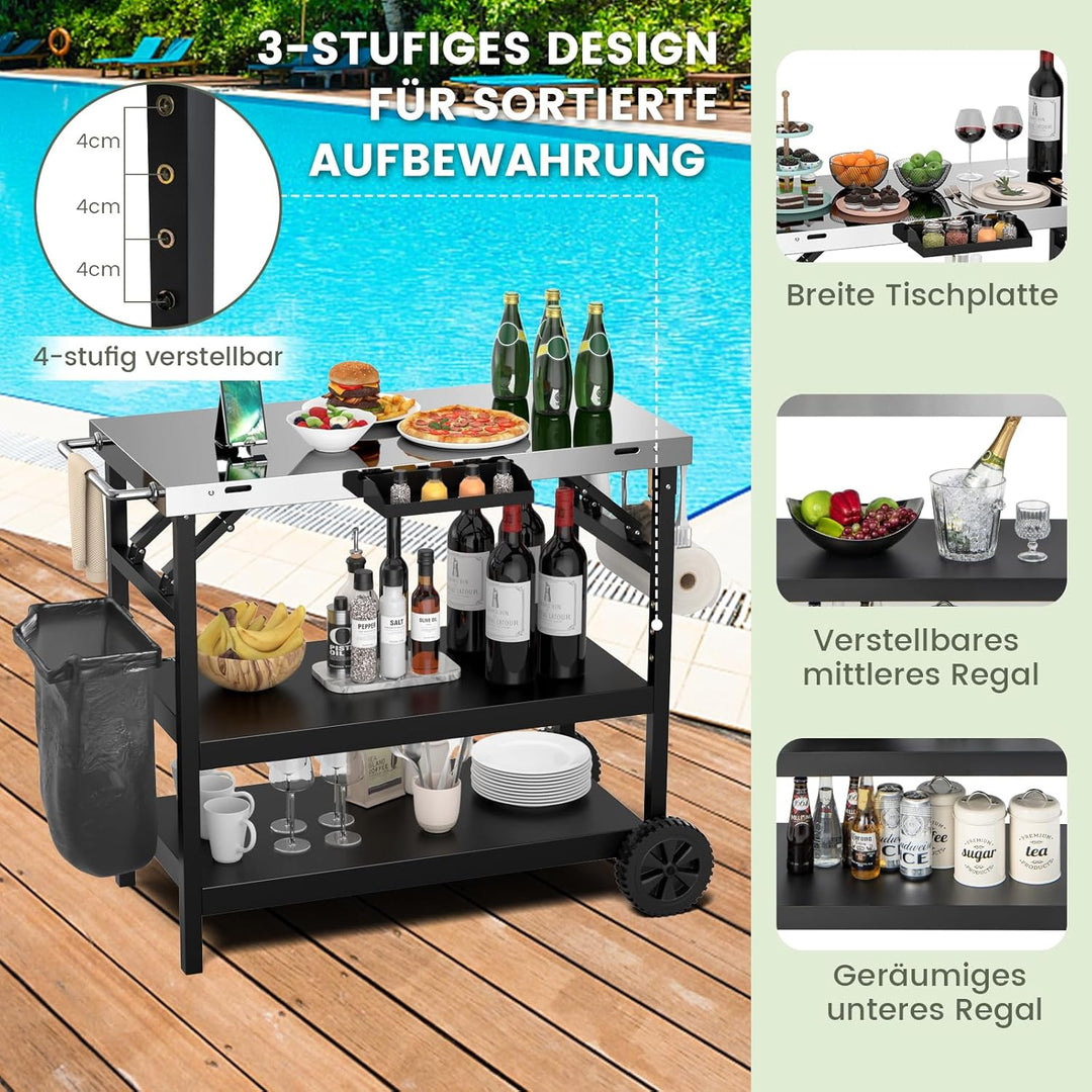 GYMAX 3-Ebenen Grilltisch klappbar, Servierwagen für die Zubereitung von Speisen, BBQ Werktisch mit