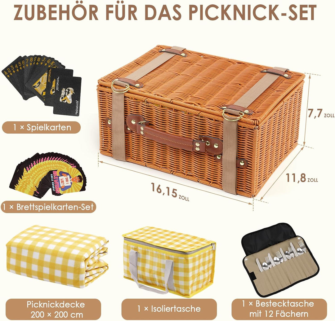 DEWEL Picknickkorb Set,Enthält eine Picknickdecke,eine Kühltasche und Brettspiele sowie Kartenspiele