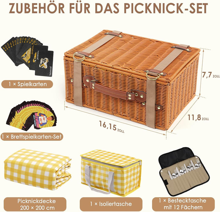DEWEL Picknickkorb Set,Enthält eine Picknickdecke,eine Kühltasche und Brettspiele sowie Kartenspiele