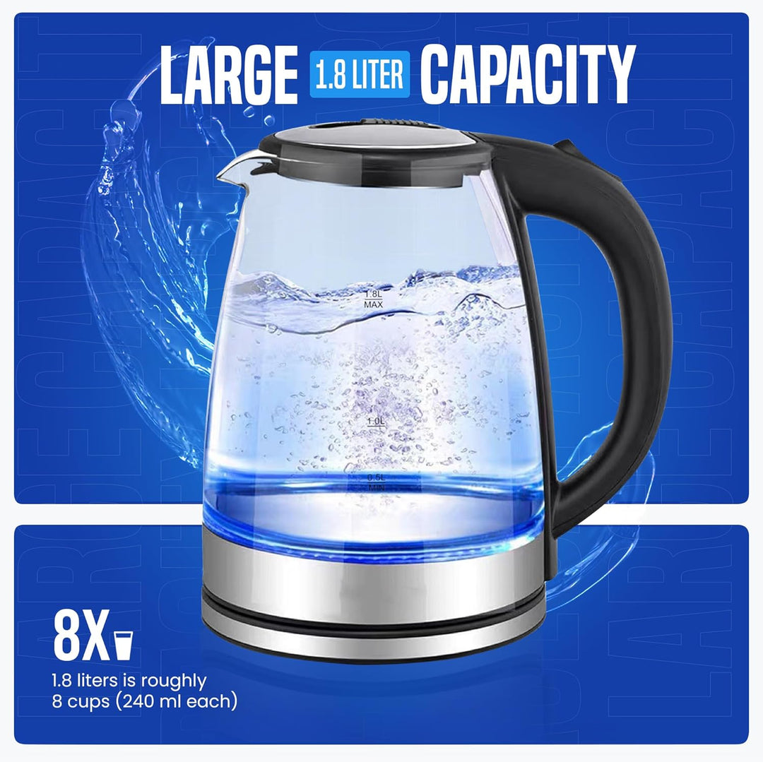 Leyf Glas Wasserkocher 1,8L - 1500W, BPA-frei, 360° drehbare Basis, LED-Beleuchtung, automatische Ab