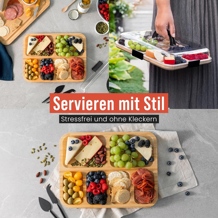 Chef Pomodoro Käsebrett mit Deckel, 36,7 cm, Rechteckig | Tragbar, mit 6 Fächern, Ideal für Käse und