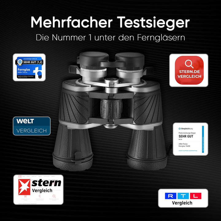 Adler Focus Fernglas 10x50, Testsieger für Erwachsene, Eagle-Eye-Technologie, 22mm HD Augenmuschel,