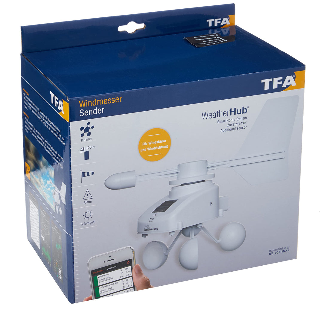 TFA Dostmann Weatherhub Solar-Funk-Windmesser, Überwachung über das Smartphone, weiss, L 250 x B 150