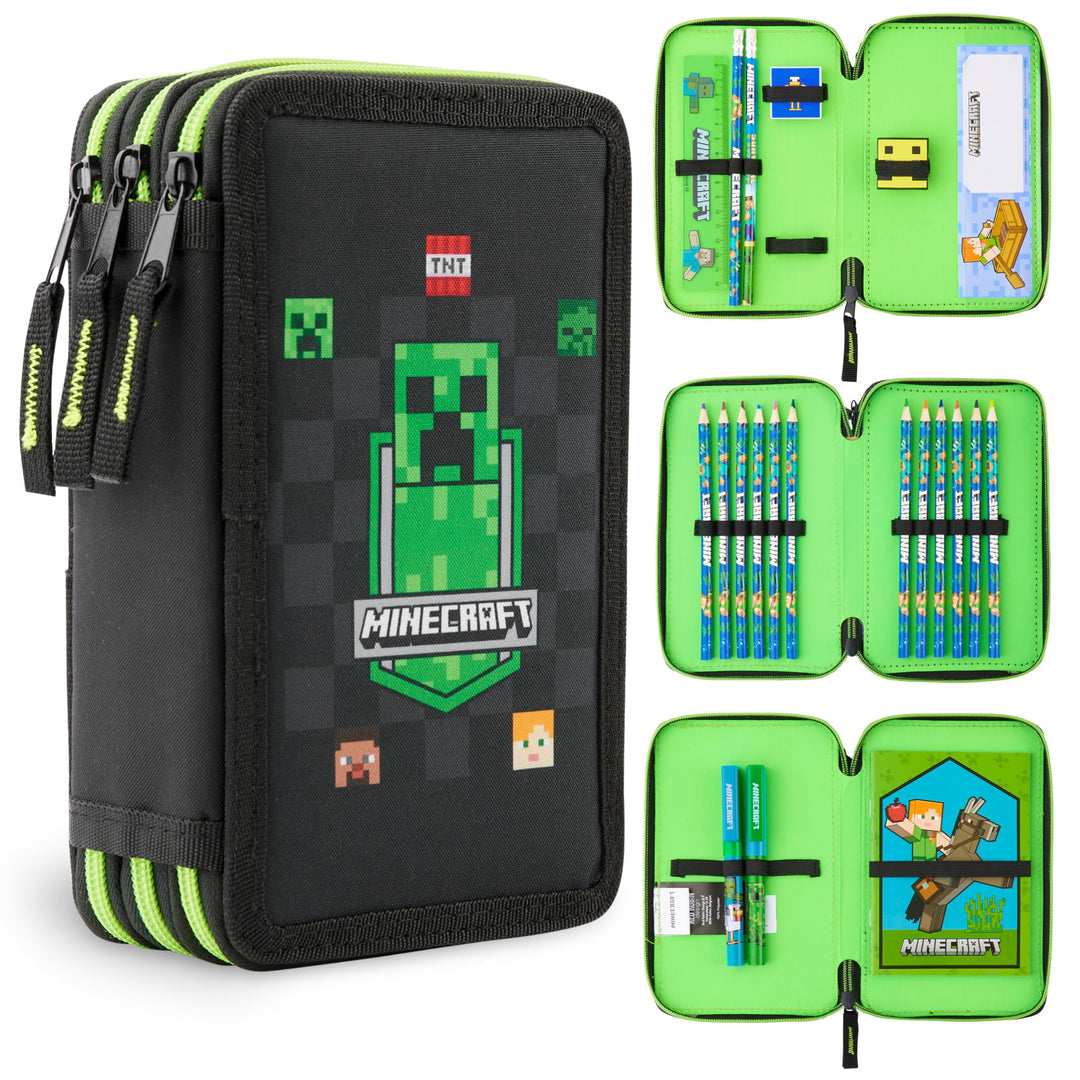 Minecraft Federmäppchen Jungen und Mädchen Mäppchen Gefüllt Creeper Federmappe mit Schreibwaren Game