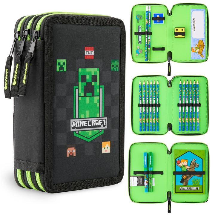 Minecraft Federmäppchen Jungen und Mädchen Mäppchen Gefüllt Creeper Federmappe mit Schreibwaren Game