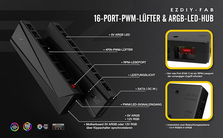 EZDIY-FAB ARGB PWM Lüfter Hub für PC Gehäuselüfter,8 PWM Anschlüsse+8 ARGB Anschlüsse,12V RGB/5V ARG