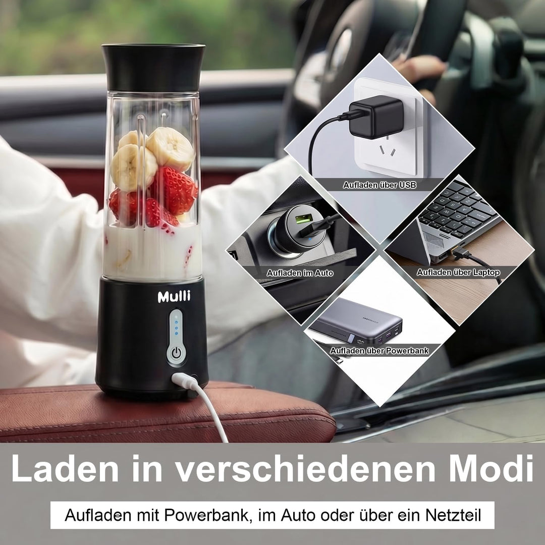 Mulli Tragbarer Mixer mit Reisedeckel – 500ml USB-wiederaufladbarer persönlicher Smoothie- und Prote