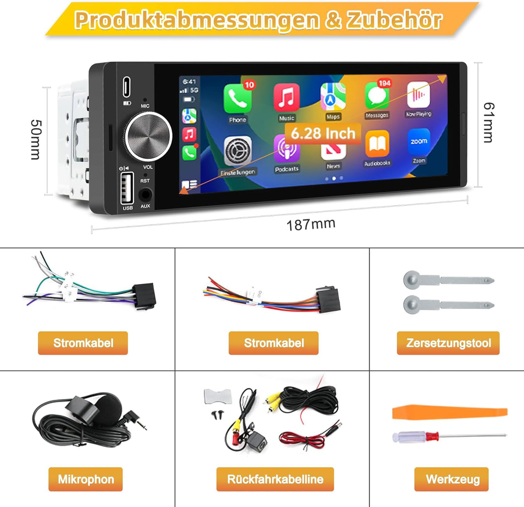 Autoradio mit Bildschirm, Single-DIN, Kabelloses CarPlay und Android Auto, 6,28-Zoll-Touchscreen mit