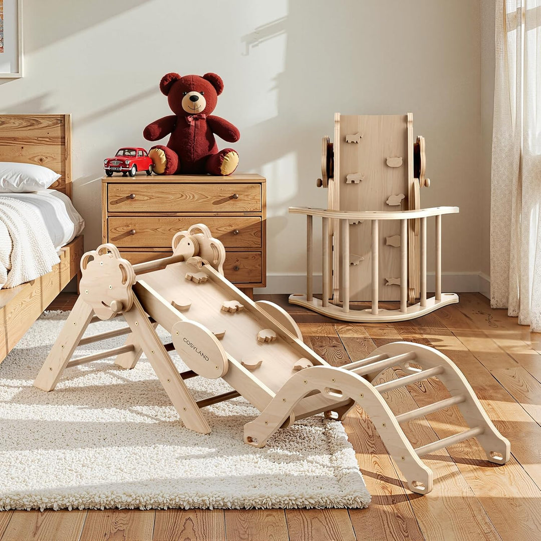 COSYLAND 8-in-1 Montessori Klettergerüst Indoor ab 1 Jahr – Kletterdreieck mit Rutsche, Kletterbogen