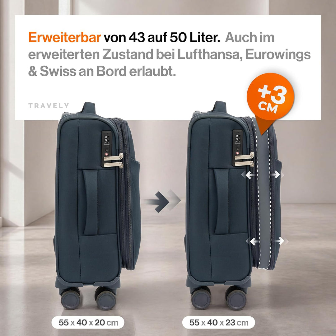 Travely Stoffkoffer M - Handgepäck Koffer mit Laptopfach bis 15,6", Koffer mit 4 Rollen und TSA Zahl