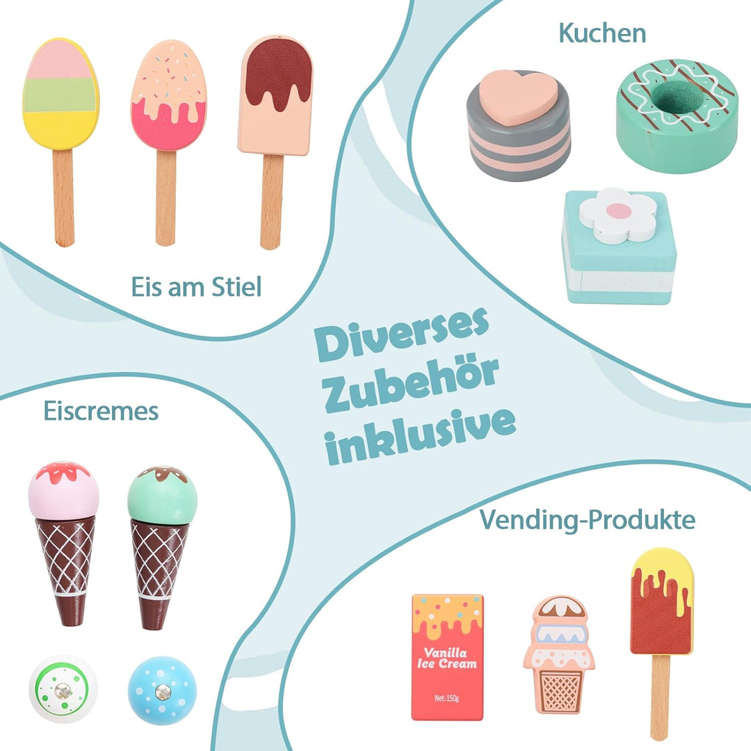 DREAMADE Kinder Eiswagen mit 15 Zubehör, Kaufladen aus Holz mit 2 Rädern &amp; Markise, Eisstand Einkauf