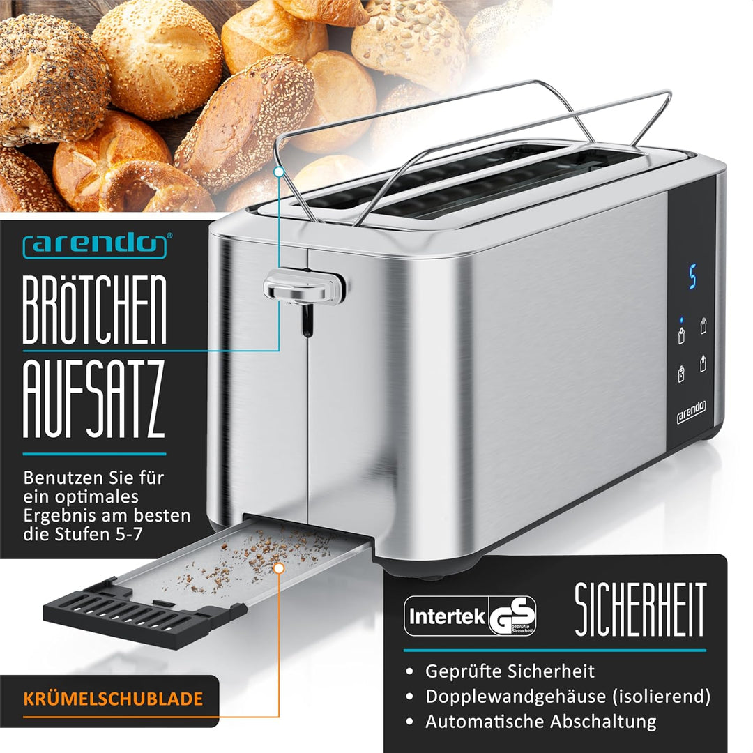 Arendo - Edelstahl Toaster Langschlitz 4 Scheiben- Touchscreen – Doppelwandgehäuse – 1500 W – Integr