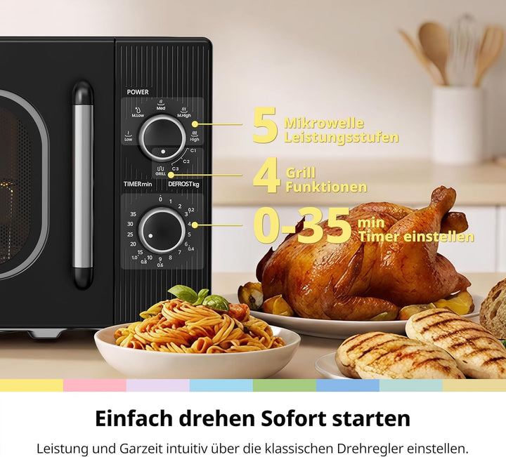 COMFEE' CMO-MG202NC(BK) Mikrowelle mit Grill, 20 Liter, Mikrowelle 700 W, Grill 1000 W, 5 Leistungss