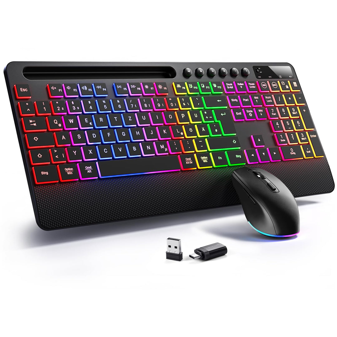 Hamile Tastatur Maus Set kabellos Beleuchtete mit Telefonhalter, 2,4 GHz USB-A/C wiederaufladbar Tas
