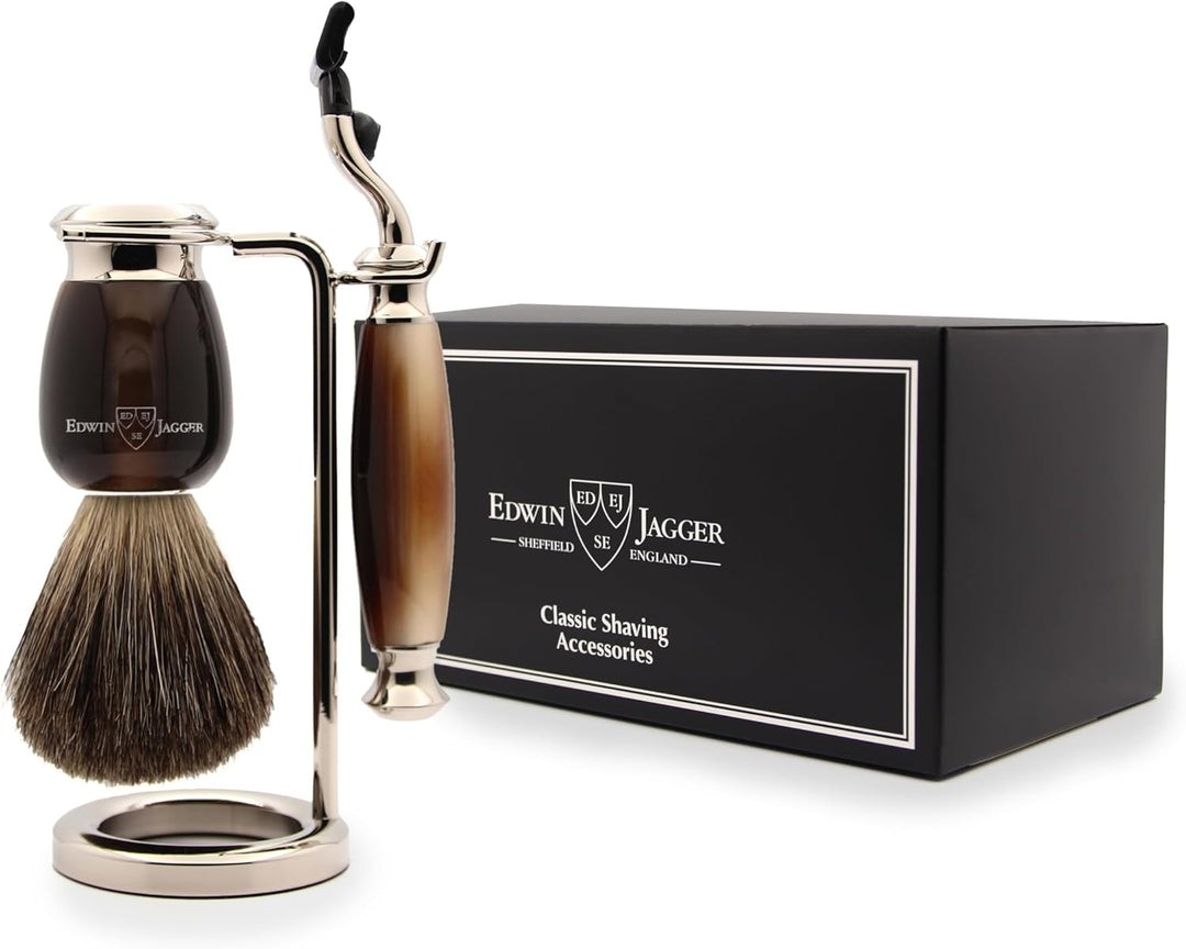 Edwin Jagger S81M582AMZ Nachahmung Licht Horn &amp; Nickel Rasierset mit Pure Badger Rasierpinsel und Ma