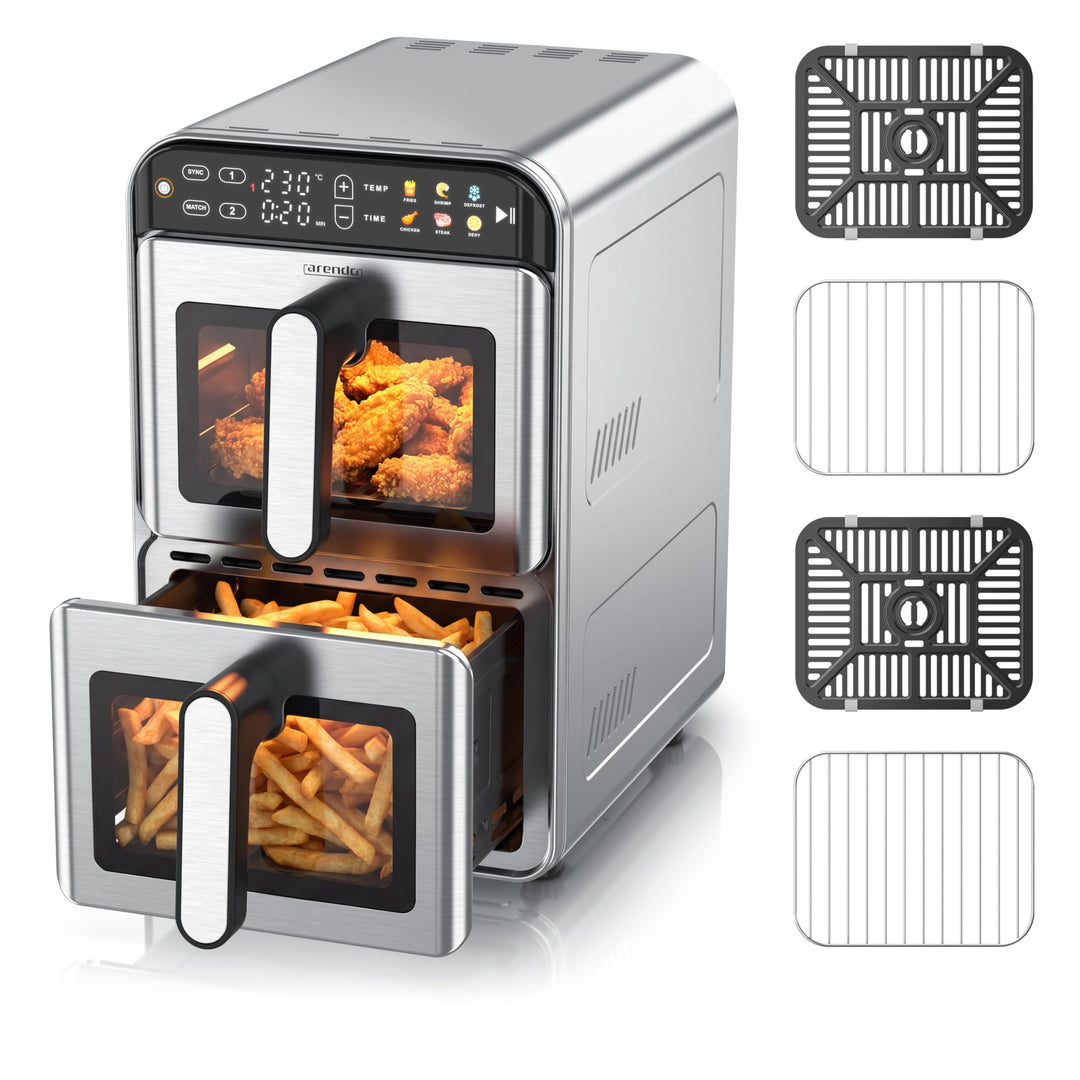 Arendo – Heissluftfritteuse XXL Edelstahlgehäuse - 2 Kammern Doppelstock – 11 Liter Airfryer 2 Zonen