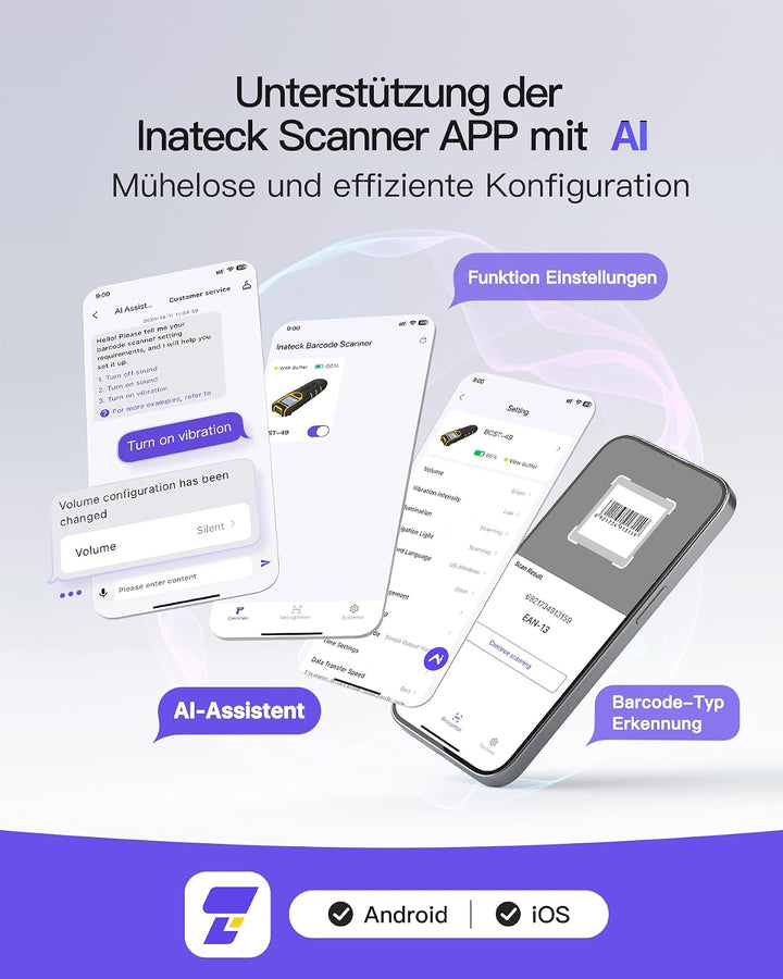 Inateck Tragbarer Barcode Scanner Kabellos 1D mit Display, BCST-49 | Kann Bildschirm Scannen, mit Bl
