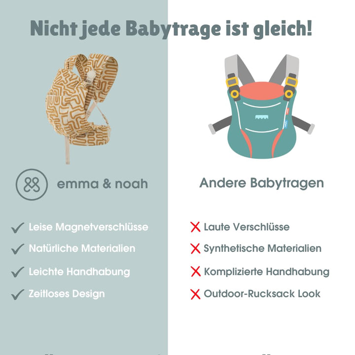 emma & noah Premium Babytrage – mitwachsend 3,5–15kg, ergonomisch, leise Magnetverschlüsse, gepolste