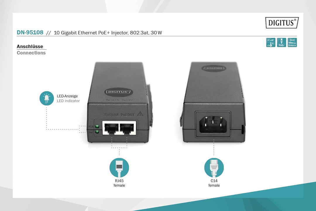 DIGITUS 10 Gigabit Ethernet PoE+ Injector, 802.3at Power Pins:3/6(+), 1/2(-), 30W 10 Gbit/s PoE Inje