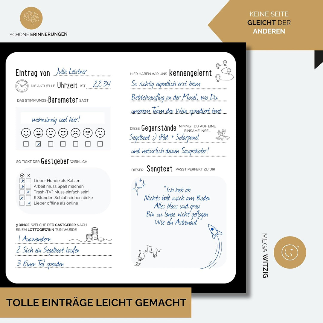 Gästebuch Geburtstag mit Fragen by snaPmee - Für 50 Einträge, jede Seite ist einzigartig - Edles Har