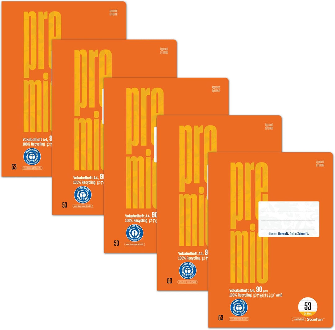Staufen premio Vokabelheft - 5 Hefte je 24 Blatt, DIN A4, Lineatur 53 (mit Mittellinie), 90 g/m² Rec