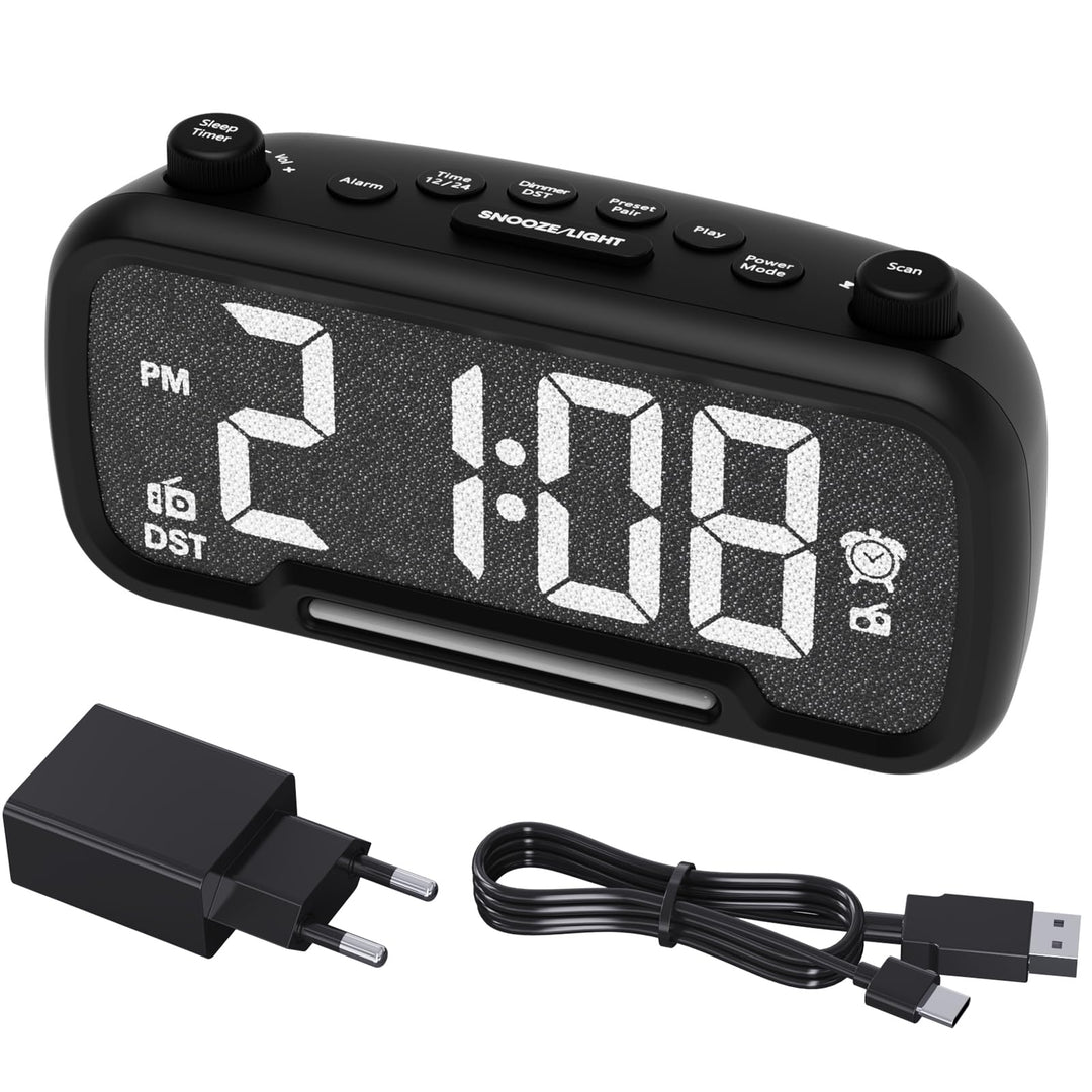 Radiowecker mit Bluetooth-Lautsprecher, Digitaler Wecker mit Typ-C Ladeanschluss, Nachtlicht, Snooze