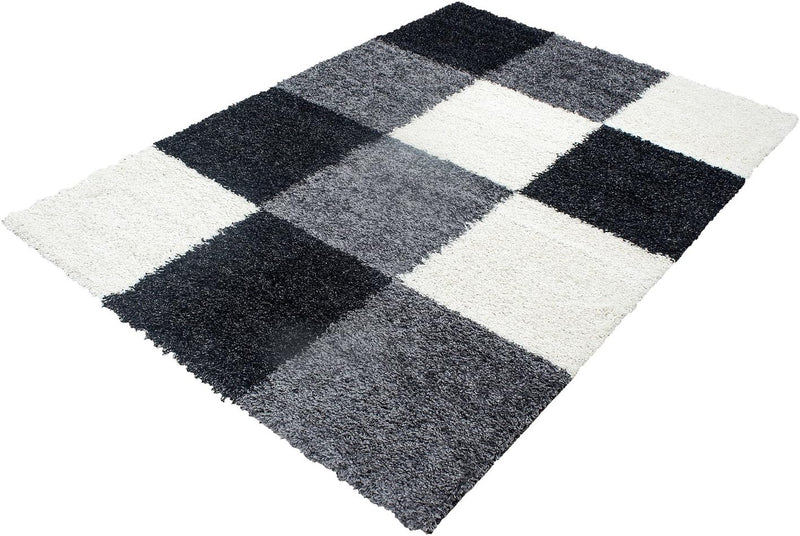 HomebyHome Teppich Wohnzimmer Shaggy Hochflor Schwarz Läufer 80x150 cm Kariert Läufer Flur - Flausch