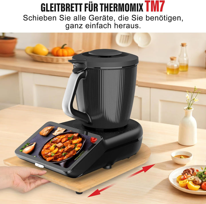 Bambus Gleitbrett für Thermomix TM7 mit 360° Rollen, Müheloses Verschieben des TM7 Hochwertiger Roll