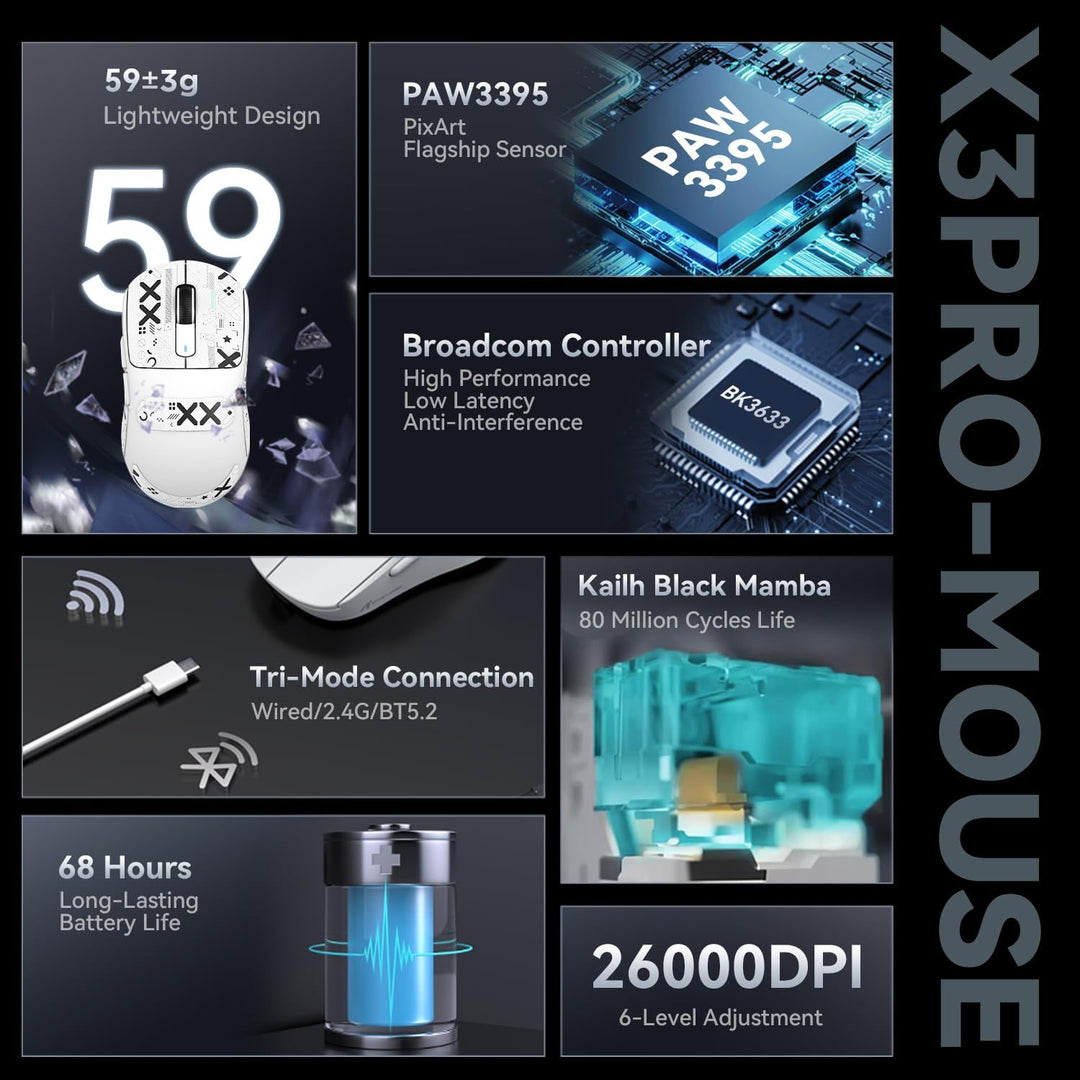ATTACK SHARK X3 Pro 4K/8K Hz Maus, 49 g SUPERLEICHT, PixArt PAW3395 Gaming-Sensor, BT/2,4G kabellose