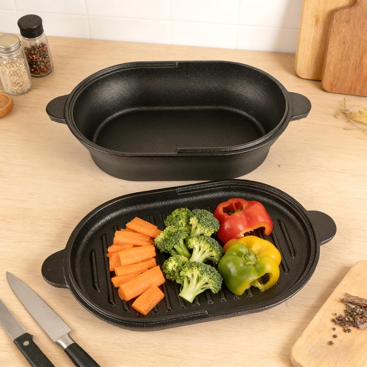 2 in 1 Gusseisen Topf Dutch Oven 2L Mit Doppelter Zweck Grillpfannendeckel, Ovale 28 cm Grosse Gusse