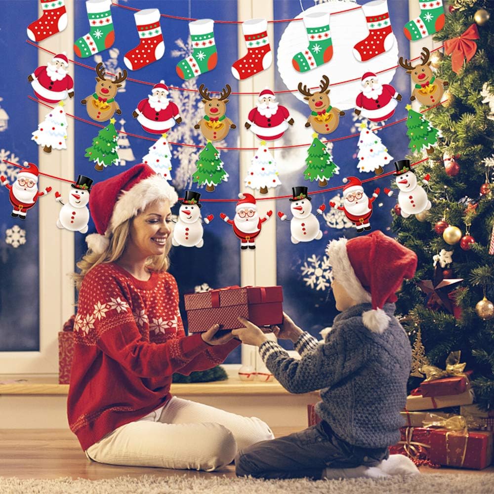 4 Stück Weihnachten Bunting Banner, Weihnachten Girlande Papier, Santa Banner Schneemann Weihnachtss