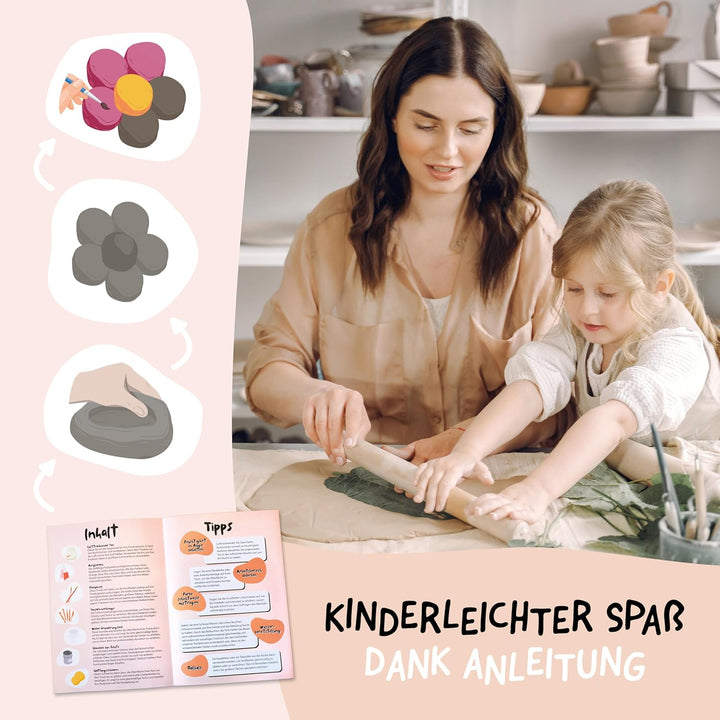 Grüntal Ton Töpferset mit lufttrocknendem Ton - Töpferset für Zuhause mit Modellierwerkzeug, Acrylfa