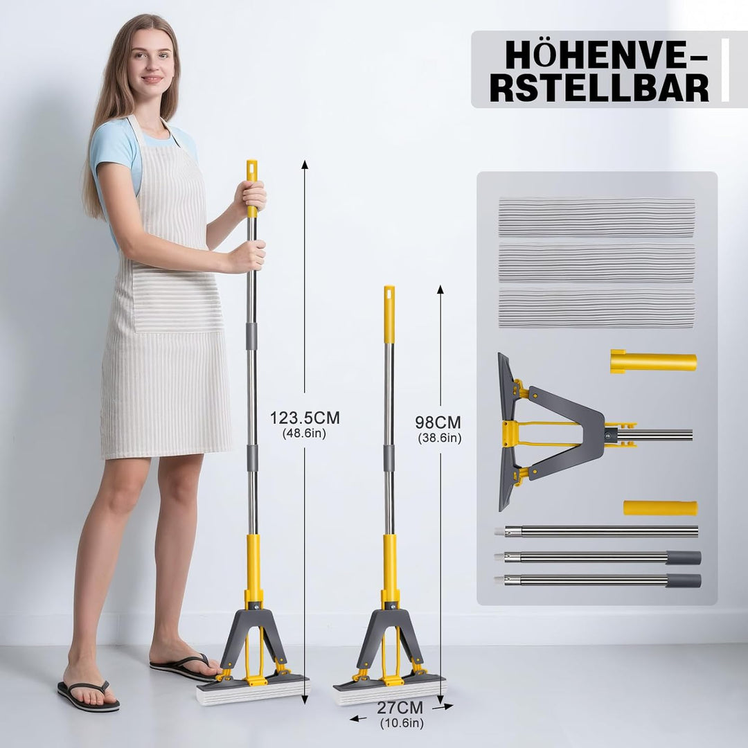 Masthome Schwamm Wischmopp,Schwammwischer mit 128cm Stiel Saugfähig Schwamm Bodenwischer mit 3 Schwa