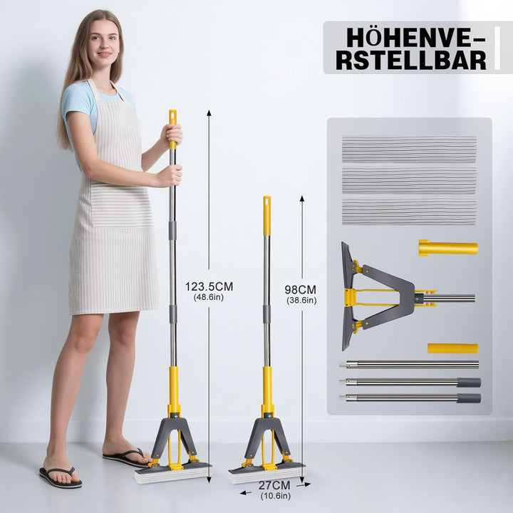 Masthome Schwamm Wischmopp,Schwammwischer mit 128cm Stiel Saugfähig Schwamm Bodenwischer mit 3 Schwa