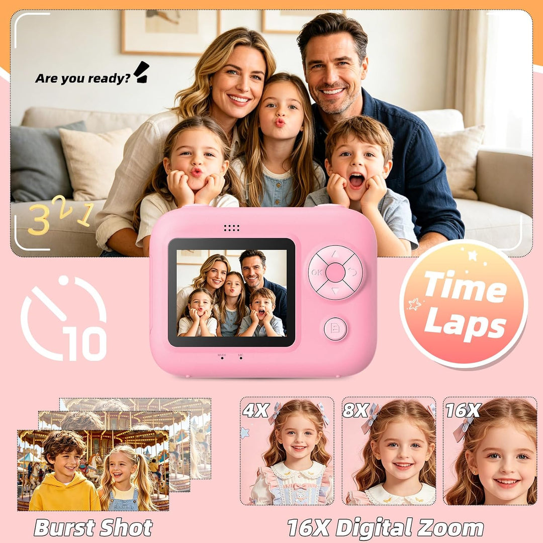 Kinder Sofortbildkamera, Digitalkamera mit Druck | 2,4 Zoll Display, 1080P HD Video, TF Karte &amp; 5 Ro