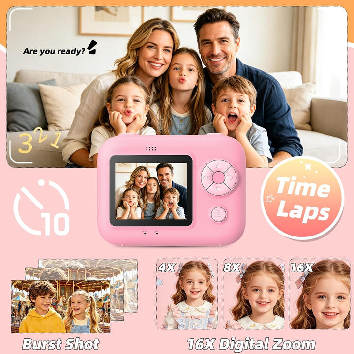 Kinder Sofortbildkamera, Digitalkamera mit Druck | 2,4 Zoll Display, 1080P HD Video, TF Karte &amp; 5 Ro