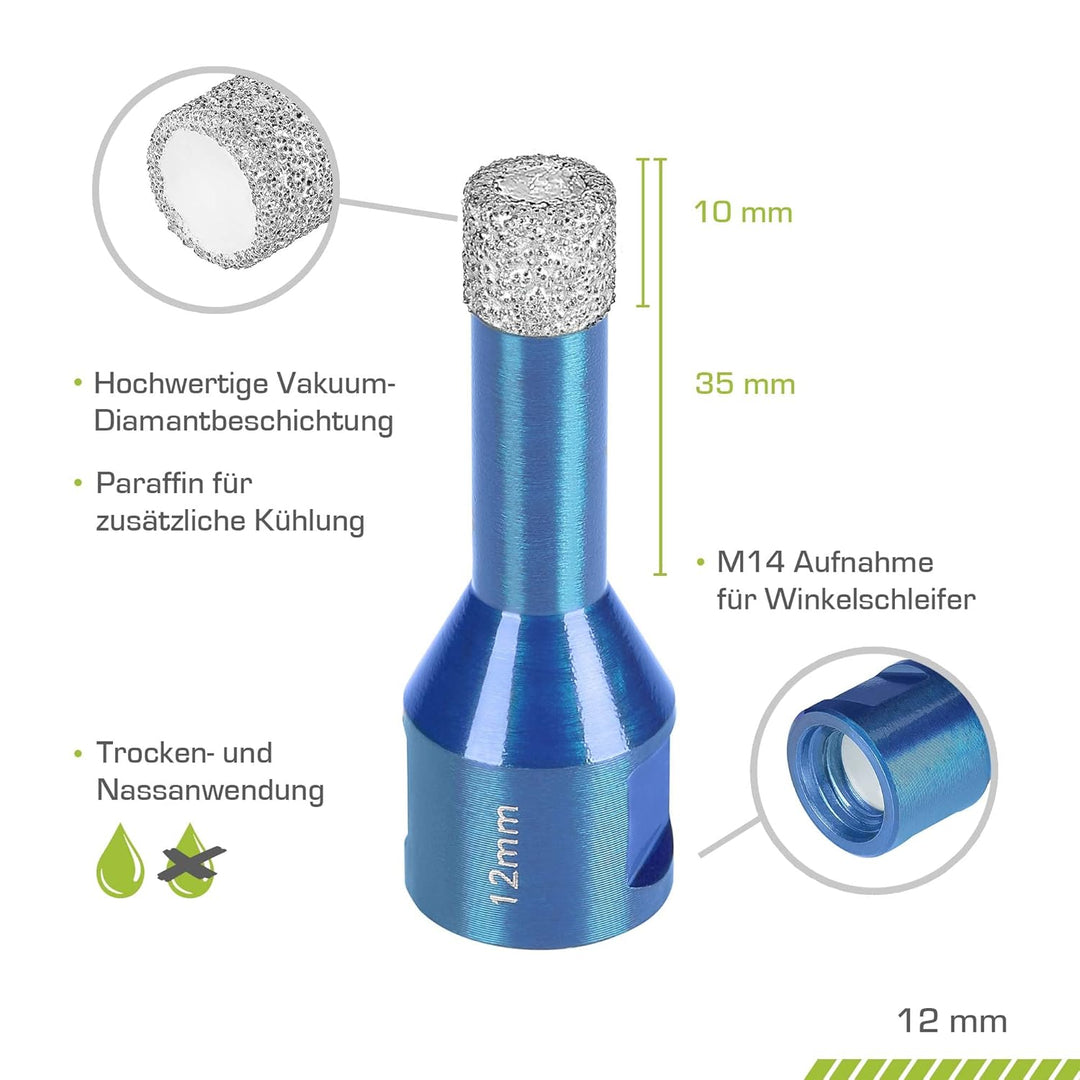 Profi Fliesenbohrer 12mm x M14 - Diamantbohrer für harte Fliesen, Feinsteinzeug uvm. Diamantbohrkron