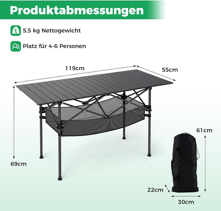 COSTWAY Campingtisch klappbar 119x55cm, Klapptisch mit aufrollbarer Aluminium-Tischplatte & Netzkorb